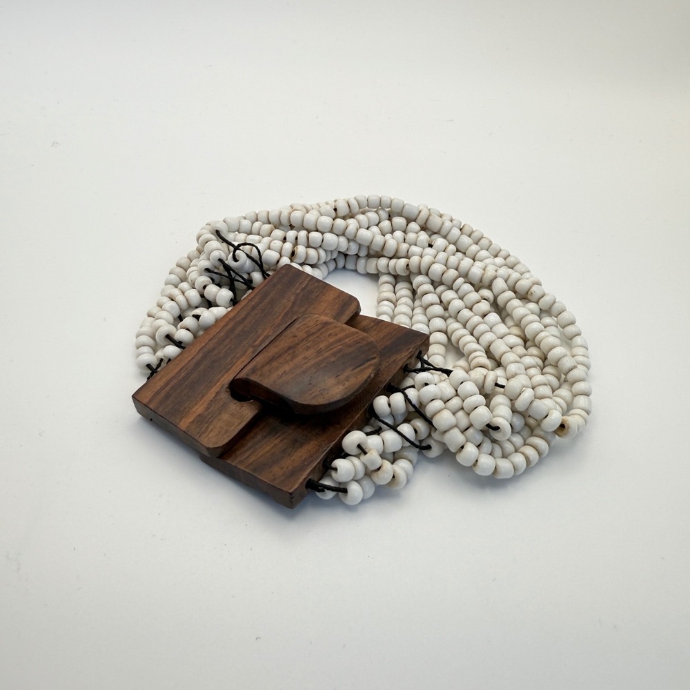 Wood Buckle White Seed Bead Statement Bracelet‎ Boho Wood Clasp Closure Cuff